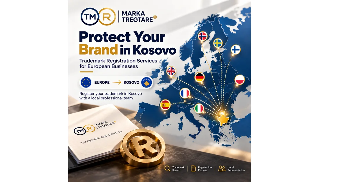 Illustration of European businesses protecting a brand in Kosovo, with a Europe-to-Kosovo map