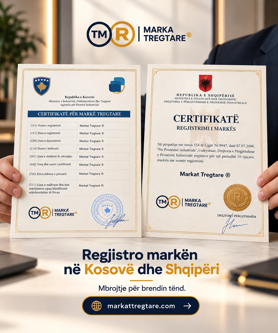 Regjistro markën në Kosovë dhe Shqipëri — poster i Marka Tregtare® me ilustrime certifikatash